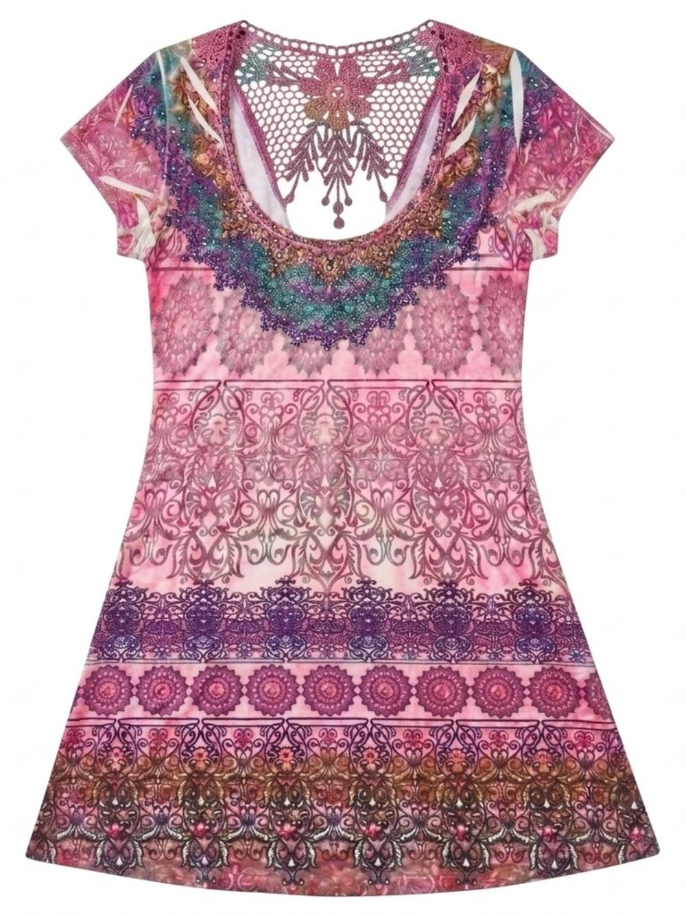 Vintage Y2K Boho Crochet-Back, Sz. Small Tunic Dress.